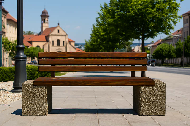 Banca din beton aspect piatra naturala cu sezut si spatar din lemn
